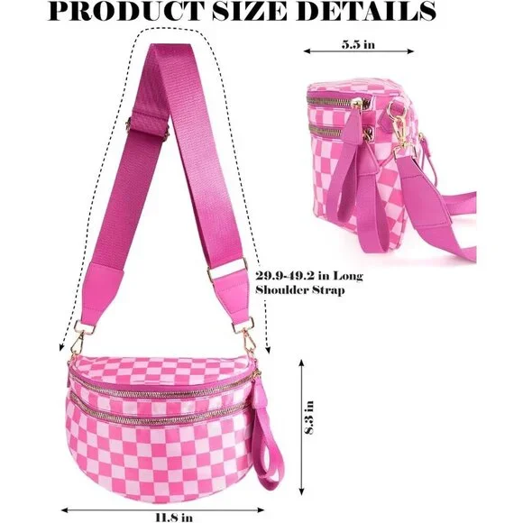 Women Rose Imported Polyester Checkered Crossbody Fanny Packs Belt Bum Bag - Picture 3 of 6